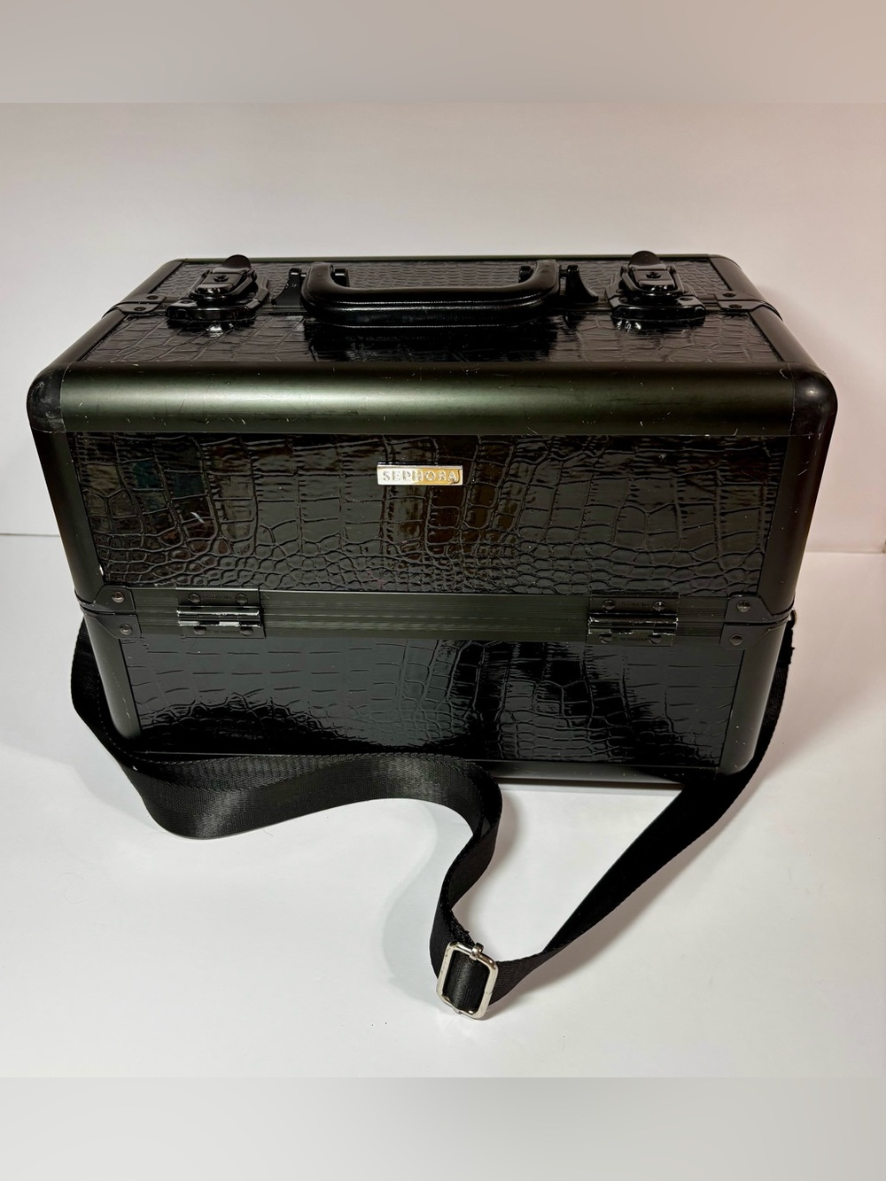 XL Sephora Black Croc-Embossed Toiletry Train Case with Shoulder Strap (No Key)